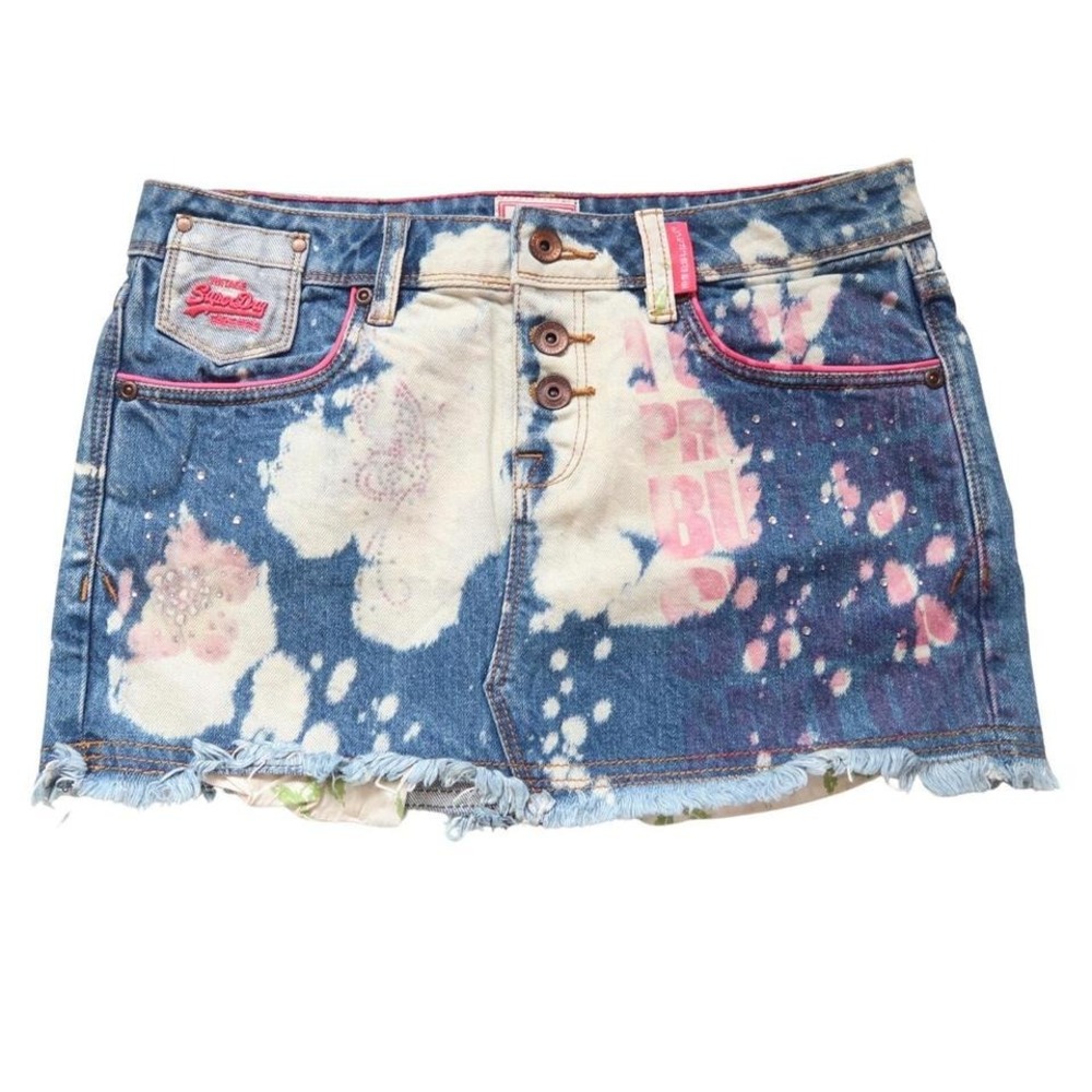 superdry denim mini skirt low rise acid wash rhinestone size 25 y2k vintage